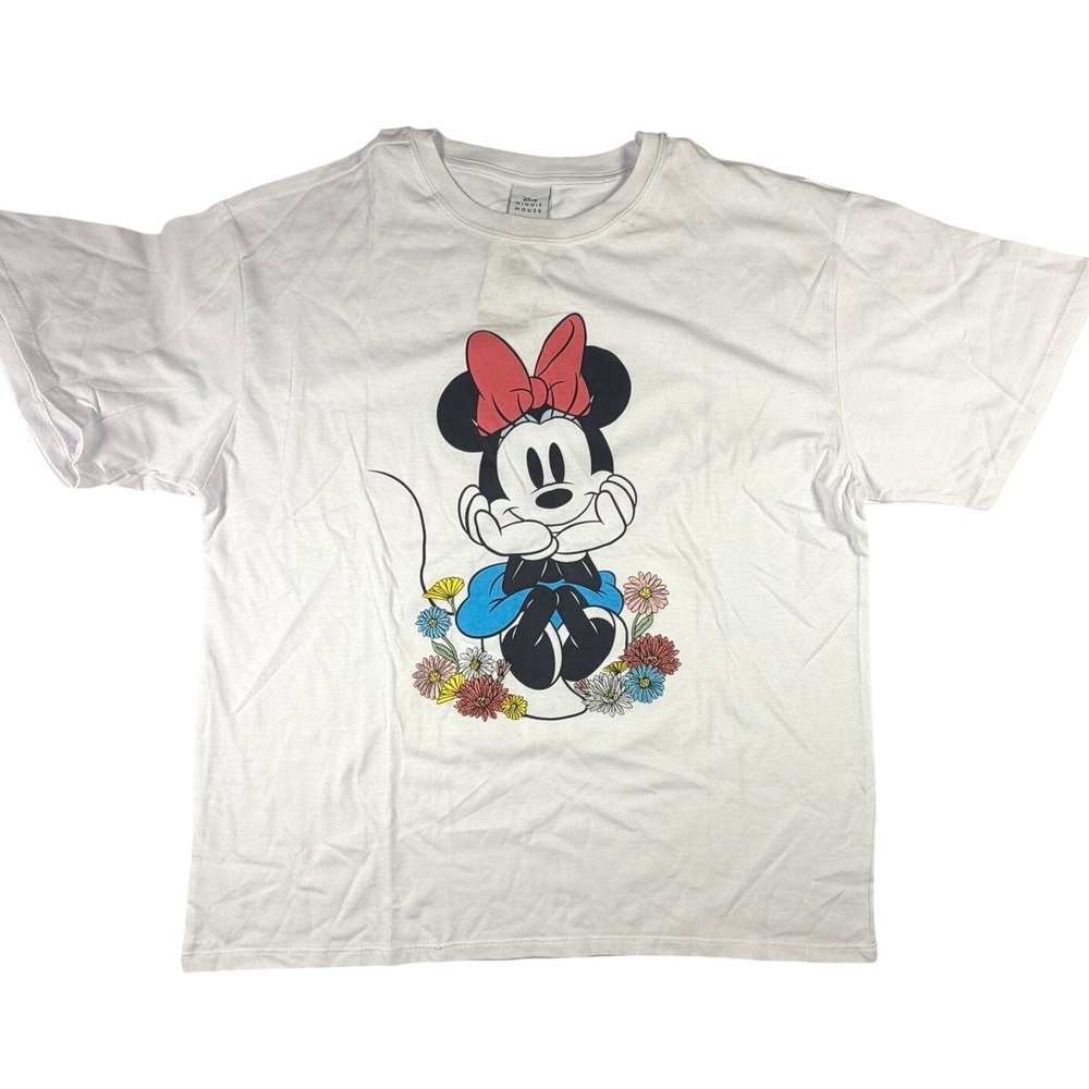 Disney Minnie Mouse T-Shirt Women XL White Floral Graphic Tee NWT IESJCQ1-4L17